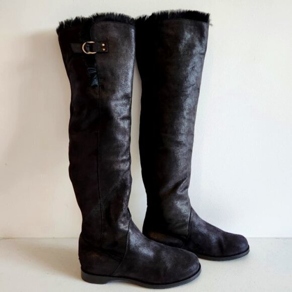 Jimmy Choo "Yam" Metallic-Suede Fur-Lined Over-The-Knee Boots, Black Metallic - Picture 1 of 6